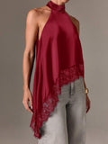 Women Satin Cowl Halter Neck Blouse Asymmetric Irregular Hem Lace Trim Sleeveless Elegant Daily Tank Top