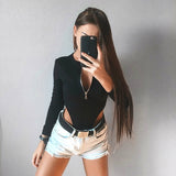 Women Half Zip Stand Collar Long Sleeve Bodysuit High Cut Side Slim Fit Bodycon Fashion Basic Layering Tops