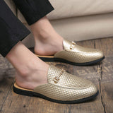 Men Quilted Backless Loafer Slip on Gold Metal Accent Horsebit Detail Cushioned Insole Breathable Lining Slides Slippers for Men