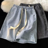 Summer Men's Denim Drawstring Elastic Waist Shorts American Retro Loose Straight 5-Length Pants