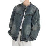 Fashion Retro Loose Vintage Embroidered Washed Denim Fabric Jacket Coat Casual Long Sleeve Men Jackets