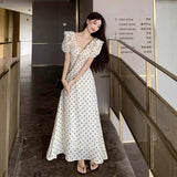 Vintage Polka Dot Long Dress for Women, French Sweetheart Style Ruffle Hem Dress, Waist Slim Elegant Summer Dress