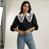 Turn-down Collar Blouse Single-breasted Long - Sleeved Shirt Puff Sleeve Woman's Shirt