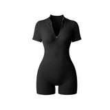 Women Ribbed Half Zip Stand Collar Short Sleeve Romper Slim Bodycon Bike Short Jumpsuit Fitness Workout Bodysuit