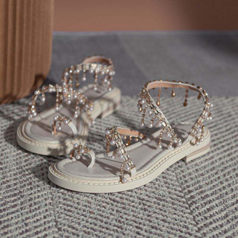 Elegant Roman Women's Pearl-Embellished Summer Slippers - Trendy Ladies' Footwear