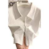 Women Double Zipper Polo Crop Top Short Sleeve Ribbed Knit T Shirt Summer Slim Fit Lapel Casual Crop Tee