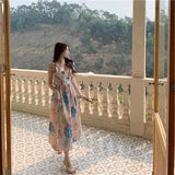 New Design Summer Maxi Dress Women Floral Print Beach Cover up Chiffon Long Dress