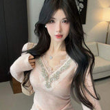 Korean Style V-Neck Rhinestone Lace Trim Knit Top Women's Slim Fit Long Sleeve Soft Casual Blouse