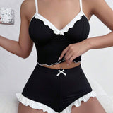 Women's Sexy Spaghetti Strap Pajama Set - Lace Trim & Ruffled Shorts Comfortable Loungewear