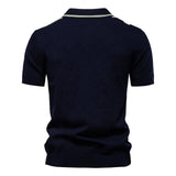 Men Color Block Vertical Stripe Knitted Polo Shirt Short Sleeve Slim Fit Casual Top