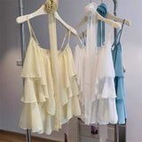 New Summer Women's Sleeveless Top Gentle Blue Irregular Camisole with Floral Streamers Youthful Design