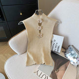 Elegant Solid Vintage Sleeveless Women's Top Stretch Knitted Tight Vest Fashionable Slim Fit Short Tank Top