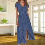 Women Floral Print Midi Dress V Neck Short Sleeve Self Tie Waist Split Hem Satin Flowy Vacation Beach Casual Wrap Dress