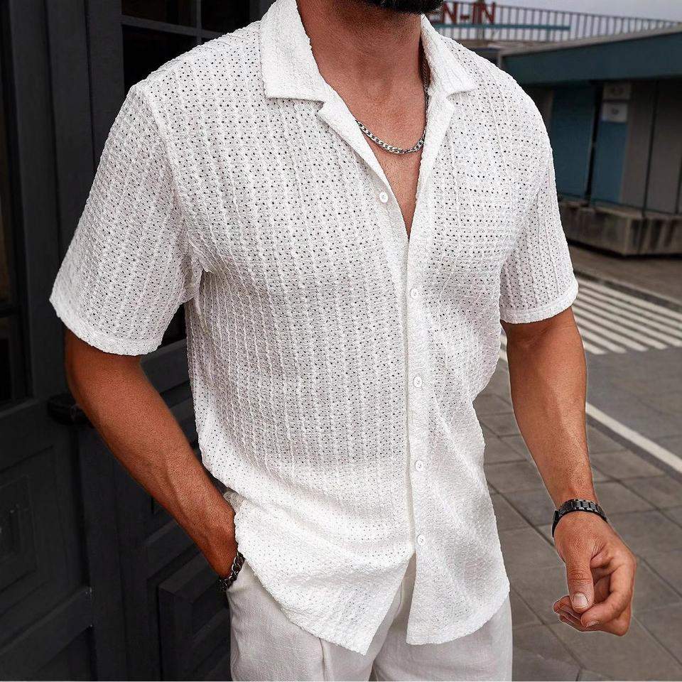 Men Hollow Openwork Knit Short Sleeve Shirt Lapel Collar Button Down Breathable Beach Casual Blouse
