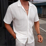 Men Hollow Openwork Knit Short Sleeve Shirt Lapel Collar Button Down Breathable Beach Casual Blouse