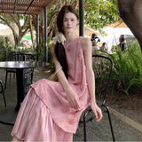 Women Pink 3D Rose Embroidery Sleeveless Maxi Dress Casual Loose Layered Hem A-Line Summer Beach Vacation Sundress