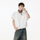 Men Lapel Collar Drop Shoulder Pocket Loose Short Sleeve Button Down Shirt