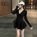 Women Long Sleeve Ribbed Knit Short Dresses V Neck Casual Swing a Line Sweater Dress