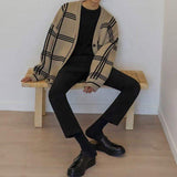 Plaid Men's Knit Bottom Cardigan V Neck Relaxed Fit Knitted Long Sleeve Fitting Sweater Casual Men Sweaters