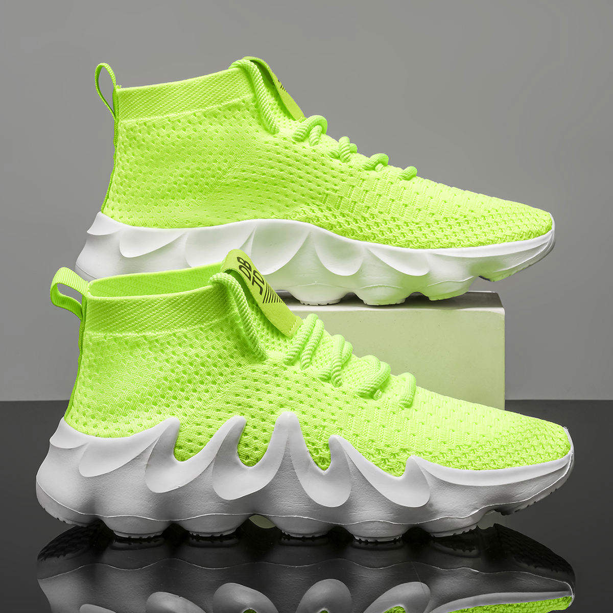 Mens High Top Sock Sneakers Breathable Knit Walking Shoes Fashion Chunky Wavy Flame Sole Athletic Trainers