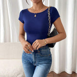 Women's Blue Backless T-Shirt, Sexy U-Back Short Sleeve Top, Slim Fit High Waist Cropped Blouse for Yoga, Casual & Summer Wear