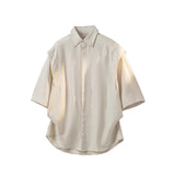 Men Textured Wrinkle Resistant Lapel Half Sleeve Button Down Shirt Loose Casual Summer Oversized Blouse