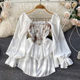 Women Lace up Waist Puff Sleeve Ruffle Layered Mini Dress