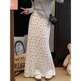 Women Floral Bow Print Ruffled Maxi Skirt Elastic High Waist Tiered Pleated Long Mermaid Skirt Casual Daily Wear Bottoms