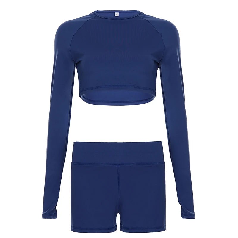 2 Piece Casual Knitting Workout Set Solid Color Yoga Outfit Cropped Long Sleeve Top High Waist Shorts Eco - Friendly Breathable - Zeprah