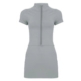 2 Piece One Set Sport Knee Short Sleeve Zippered Ruffled Collar Solid T-Shirt Bodycon Short Skirt Slim Fit Elastic - Zeprah