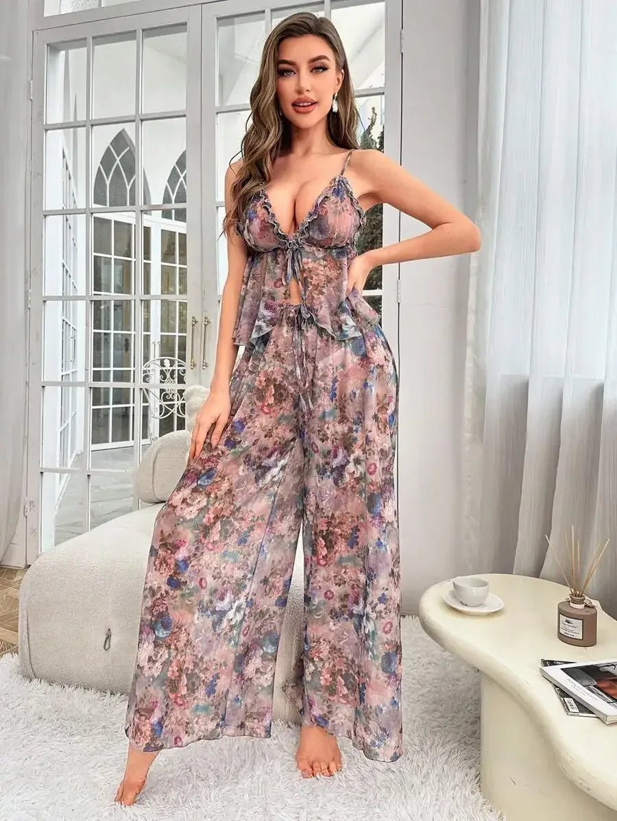 2 - piece Pajamas Mesh Fabric Printed Women's Sleepwear Seductive Nightgown - Zeprah