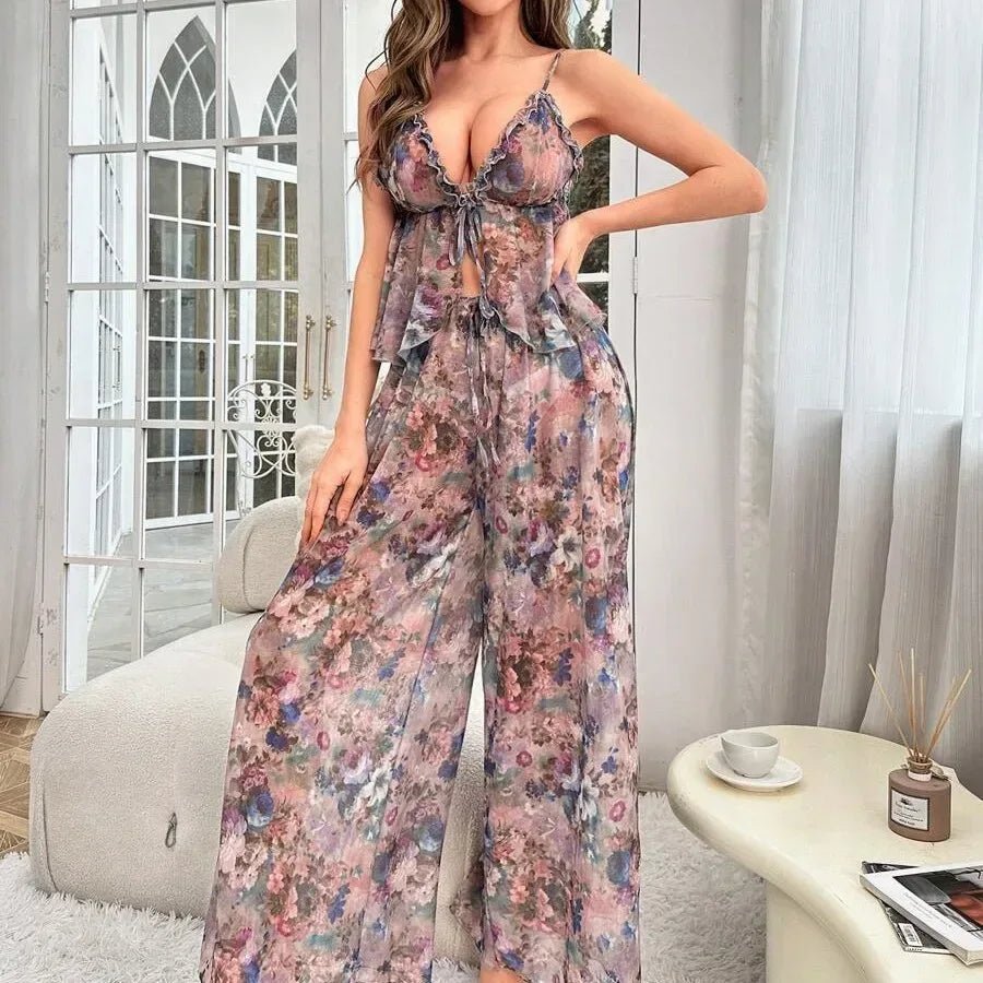 2 - piece Pajamas Mesh Fabric Printed Women's Sleepwear Seductive Nightgown - Zeprah
