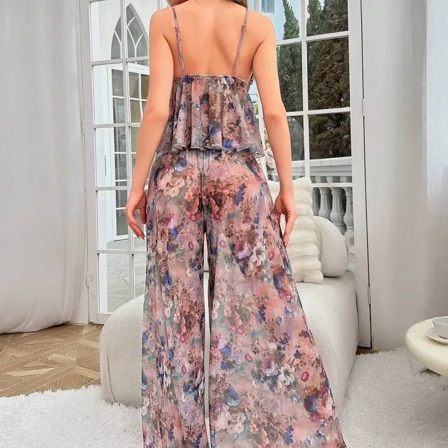 2 - piece Pajamas Mesh Fabric Printed Women's Sleepwear Seductive Nightgown - Zeprah