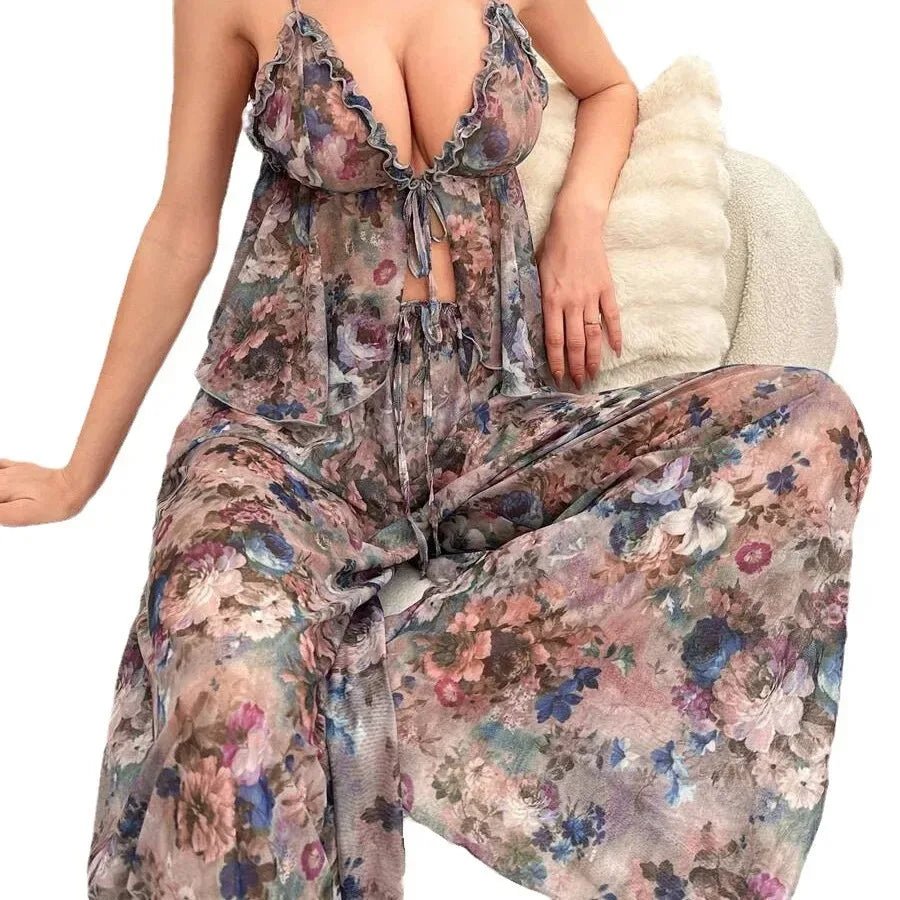 2 - piece Pajamas Mesh Fabric Printed Women's Sleepwear Seductive Nightgown - Zeprah