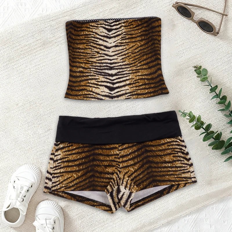2 Piece Set Sleeveless Strapless Sexy Animal Print Crop Top Color Block Knee Shorts Knitting Eco - Friendly - Zeprah