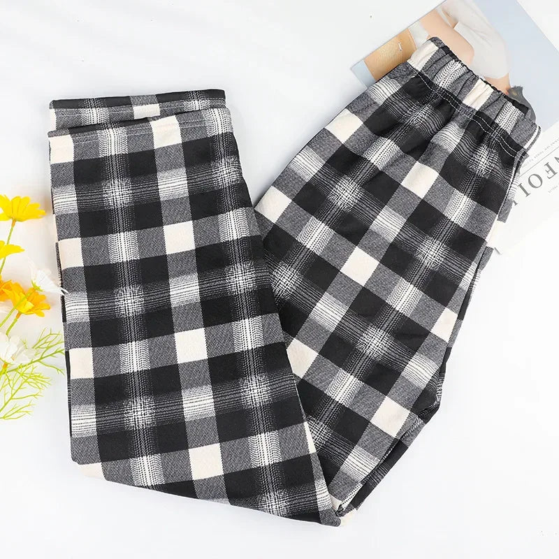 2025 Autumn Winter New Women's High - Waist Korean Style Plaid Pants Fleece Lined Thickened Loose Wide - Leg Casual Trousers - Zeprah