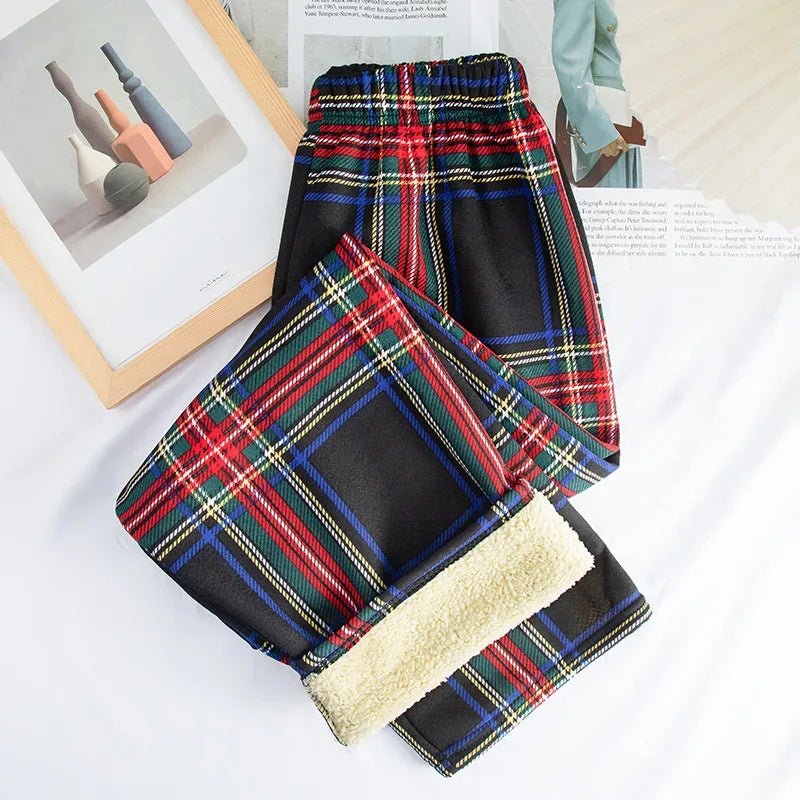 2025 Autumn Winter New Women's High - Waist Korean Style Plaid Pants Fleece Lined Thickened Loose Wide - Leg Casual Trousers - Zeprah