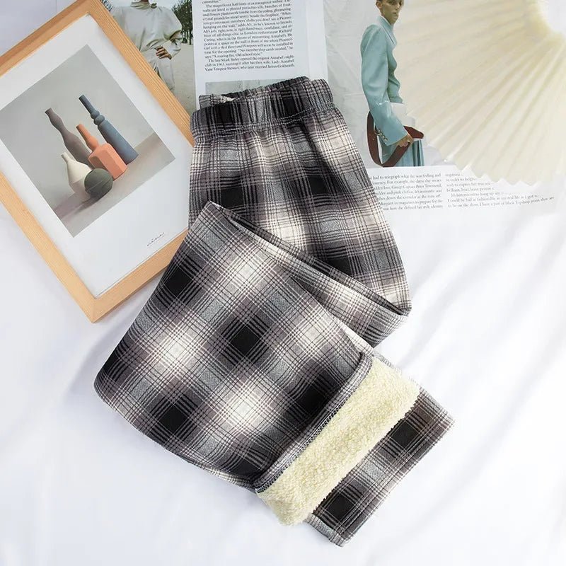2025 Autumn Winter New Women's High - Waist Korean Style Plaid Pants Fleece Lined Thickened Loose Wide - Leg Casual Trousers - Zeprah