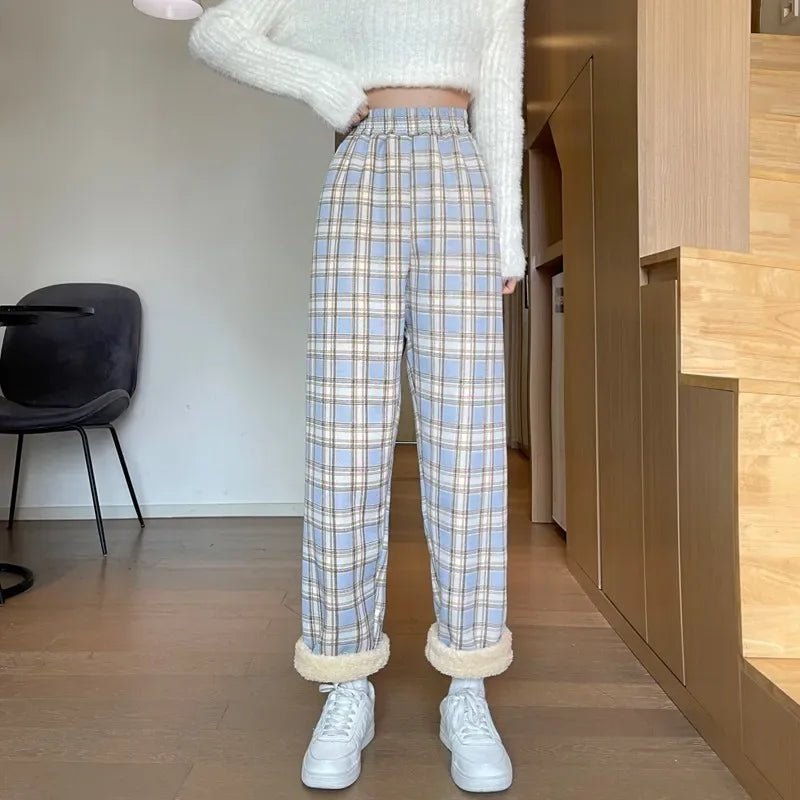 2025 Autumn Winter New Women's High - Waist Korean Style Plaid Pants Fleece Lined Thickened Loose Wide - Leg Casual Trousers - Zeprah