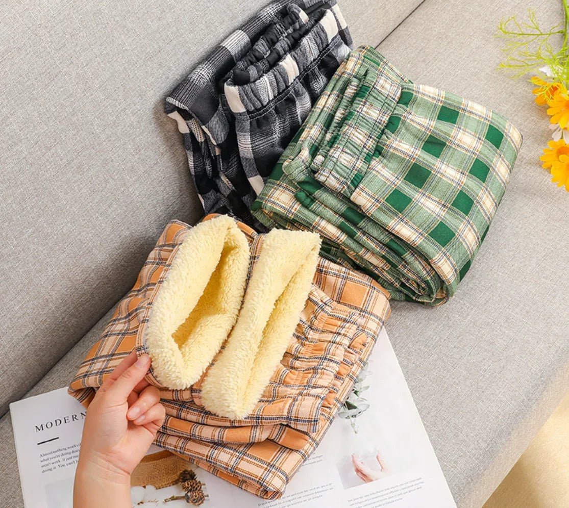 2025 Autumn Winter New Women's High - Waist Korean Style Plaid Pants Fleece Lined Thickened Loose Wide - Leg Casual Trousers - Zeprah