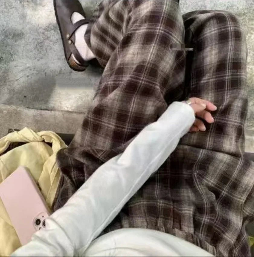 2025 Autumn Winter New Women's High - Waist Korean Style Plaid Pants Fleece Lined Thickened Loose Wide - Leg Casual Trousers - Zeprah