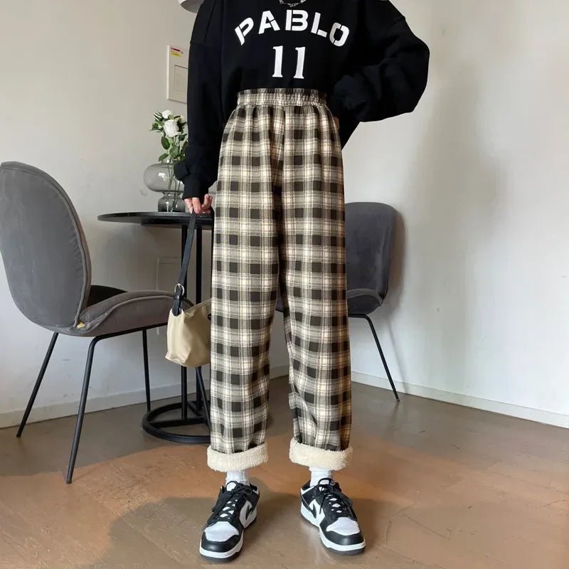 2025 Autumn Winter New Women's High - Waist Korean Style Plaid Pants Fleece Lined Thickened Loose Wide - Leg Casual Trousers - Zeprah
