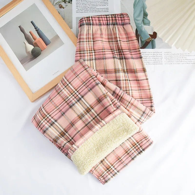 2025 Autumn Winter New Women's High - Waist Korean Style Plaid Pants Fleece Lined Thickened Loose Wide - Leg Casual Trousers - Zeprah