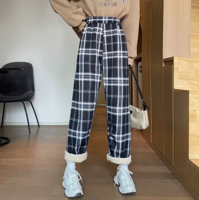 2025 Autumn Winter New Women's High - Waist Korean Style Plaid Pants Fleece Lined Thickened Loose Wide - Leg Casual Trousers - Zeprah