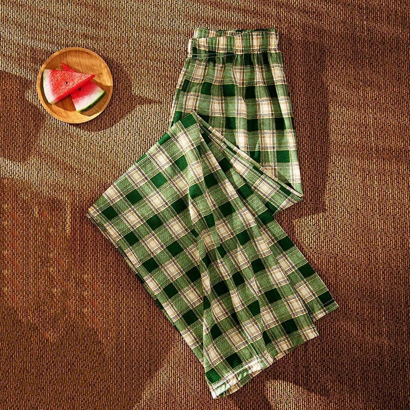 2025 Autumn Winter New Women's High - Waist Korean Style Plaid Pants Fleece Lined Thickened Loose Wide - Leg Casual Trousers - Zeprah