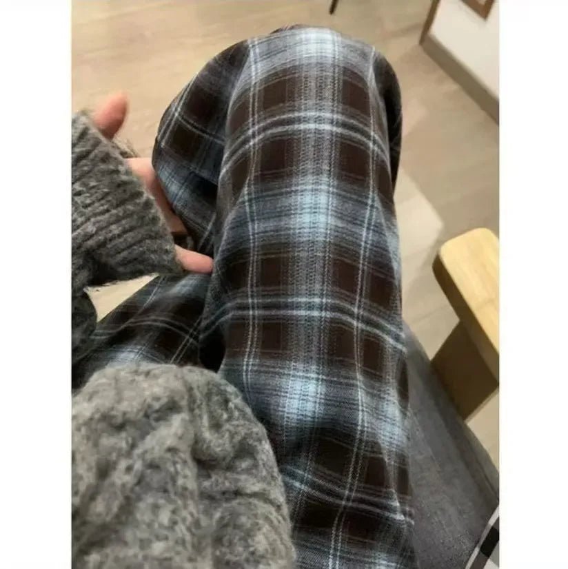 2025 Autumn Winter New Women's High - Waist Korean Style Plaid Pants Fleece Lined Thickened Loose Wide - Leg Casual Trousers - Zeprah