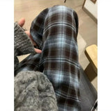 2025 Autumn Winter New Women's High - Waist Korean Style Plaid Pants Fleece Lined Thickened Loose Wide - Leg Casual Trousers - Zeprah