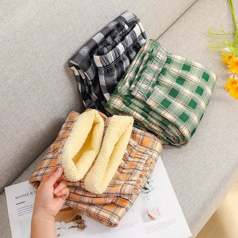 2025 Autumn Winter New Women's High - Waist Korean Style Plaid Pants Fleece Lined Thickened Loose Wide - Leg Casual Trousers - Zeprah