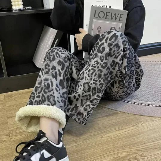 2025 Autumn Winter New Women's High - Waist Korean Style Plaid Pants Fleece Lined Thickened Loose Wide - Leg Casual Trousers - Zeprah