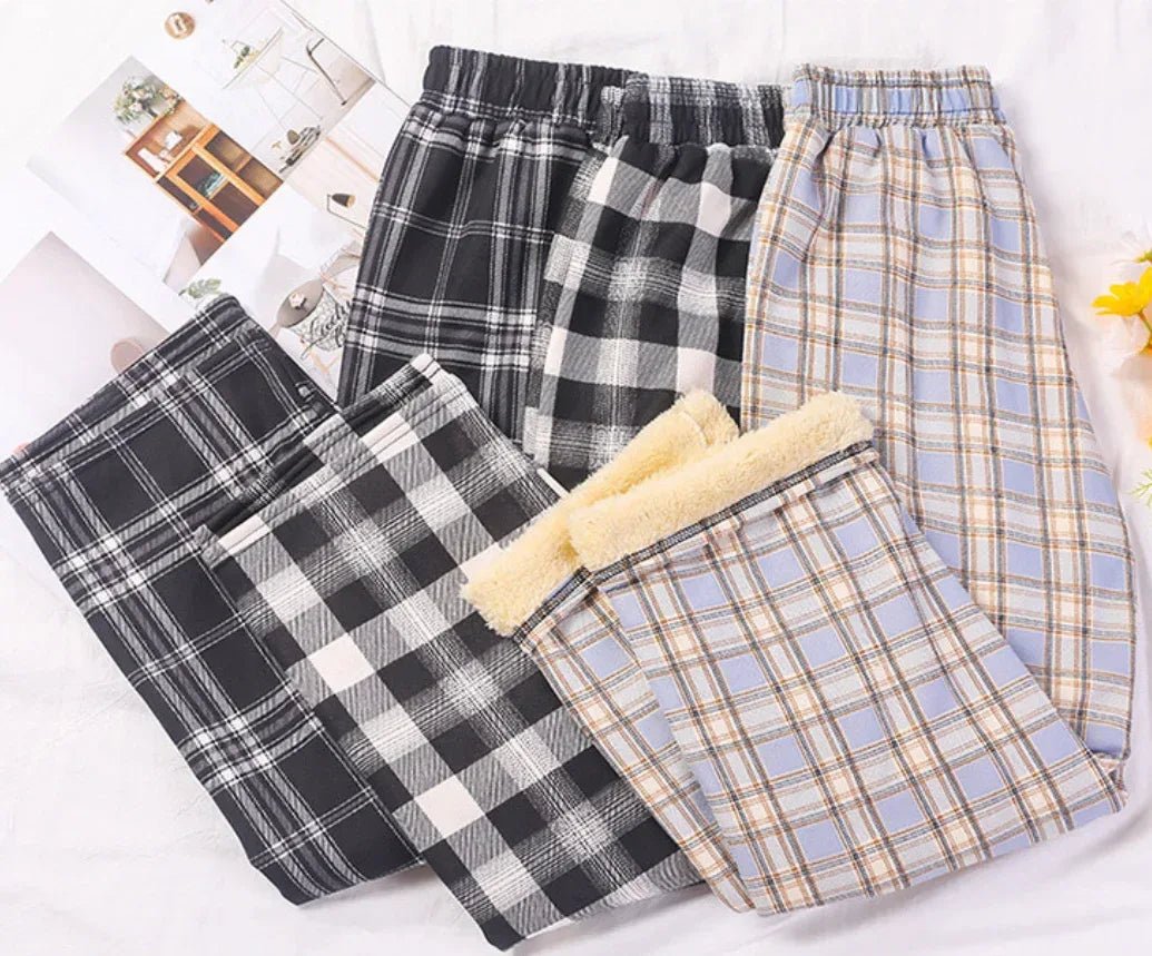 2025 Autumn Winter New Women's High - Waist Korean Style Plaid Pants Fleece Lined Thickened Loose Wide - Leg Casual Trousers - Zeprah